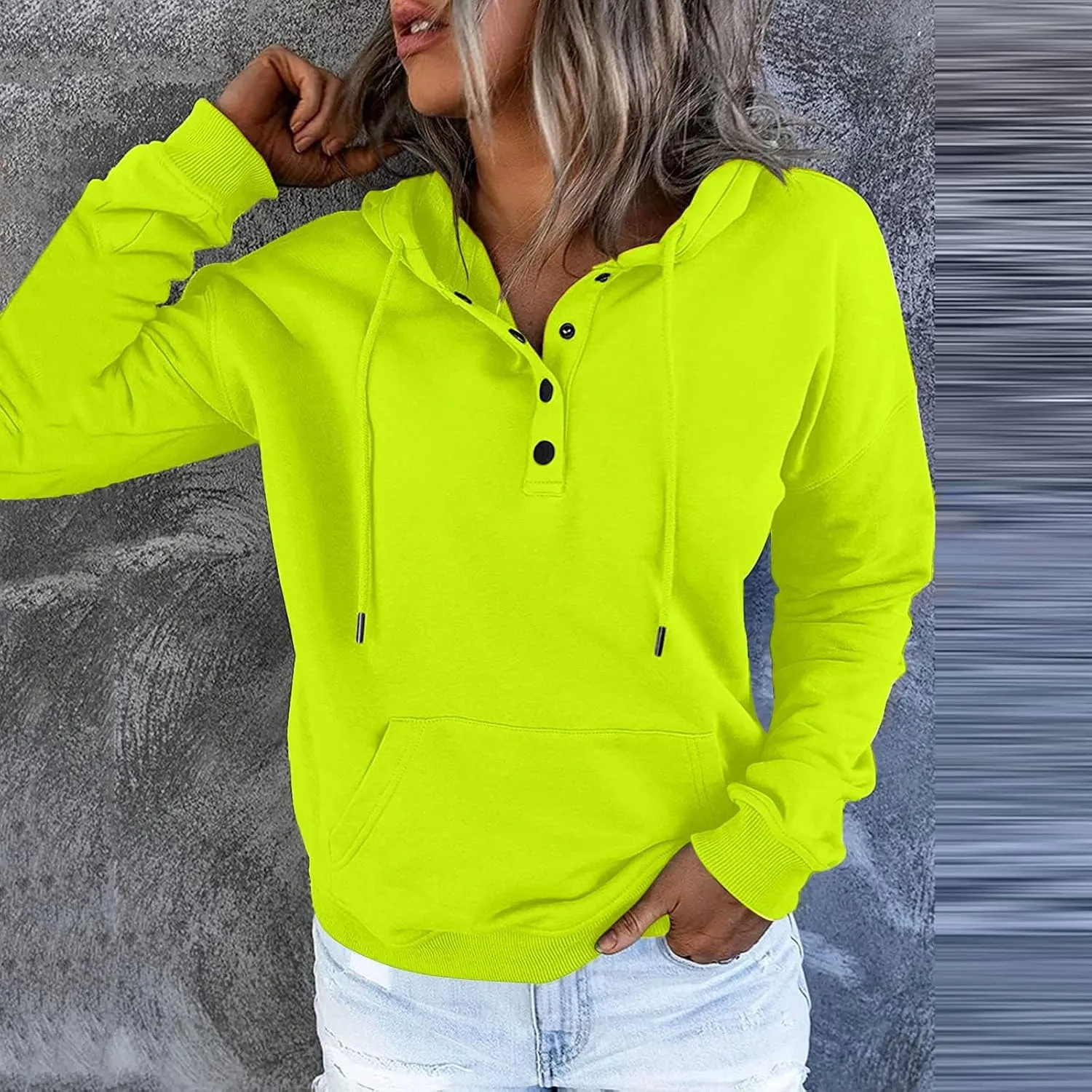 Women's Pullover Hoodies Tops Casual Button Down Long Sleeve Hooded Sweatshirts With Kangaroo Pocket Trendy 2023