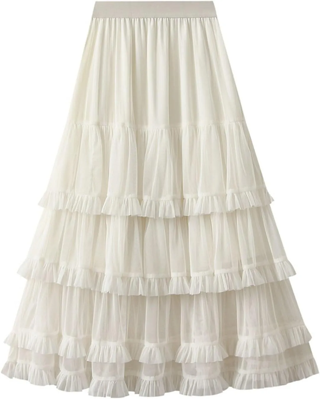 Womens Ruffle Tulle Skirts High Waist Fairy Cake Skirt Pleated Midi Tutu Skirts 2025 Summer Mesh Layered A-line Skirt