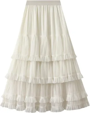 Womens Ruffle Tulle Skirts High Waist Fairy Cake Skirt Pleated Midi Tutu Skirts 2025 Summer Mesh Layered A-line Skirt