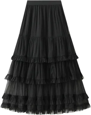 Womens Ruffle Tulle Skirts High Waist Fairy Cake Skirt Pleated Midi Tutu Skirts 2025 Summer Mesh Layered A-line Skirt