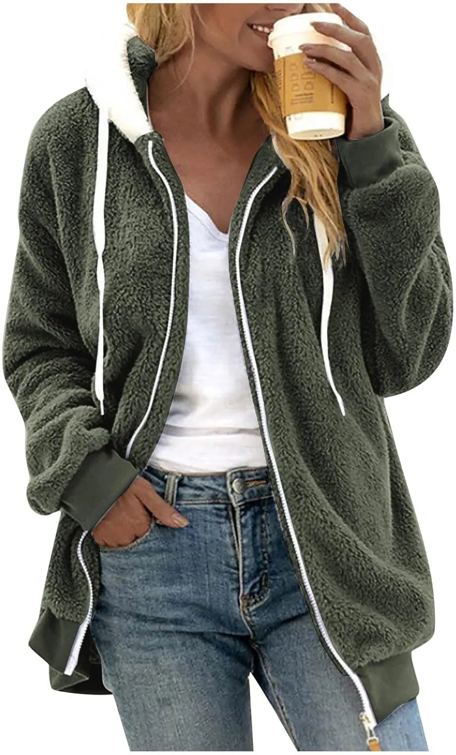 Womens Sherpa Jacket Fuzzy Plus Size Zip Up Hoodie Soft Comfy Fleece Lined Winter Coat with Pockets Warm Outerwear