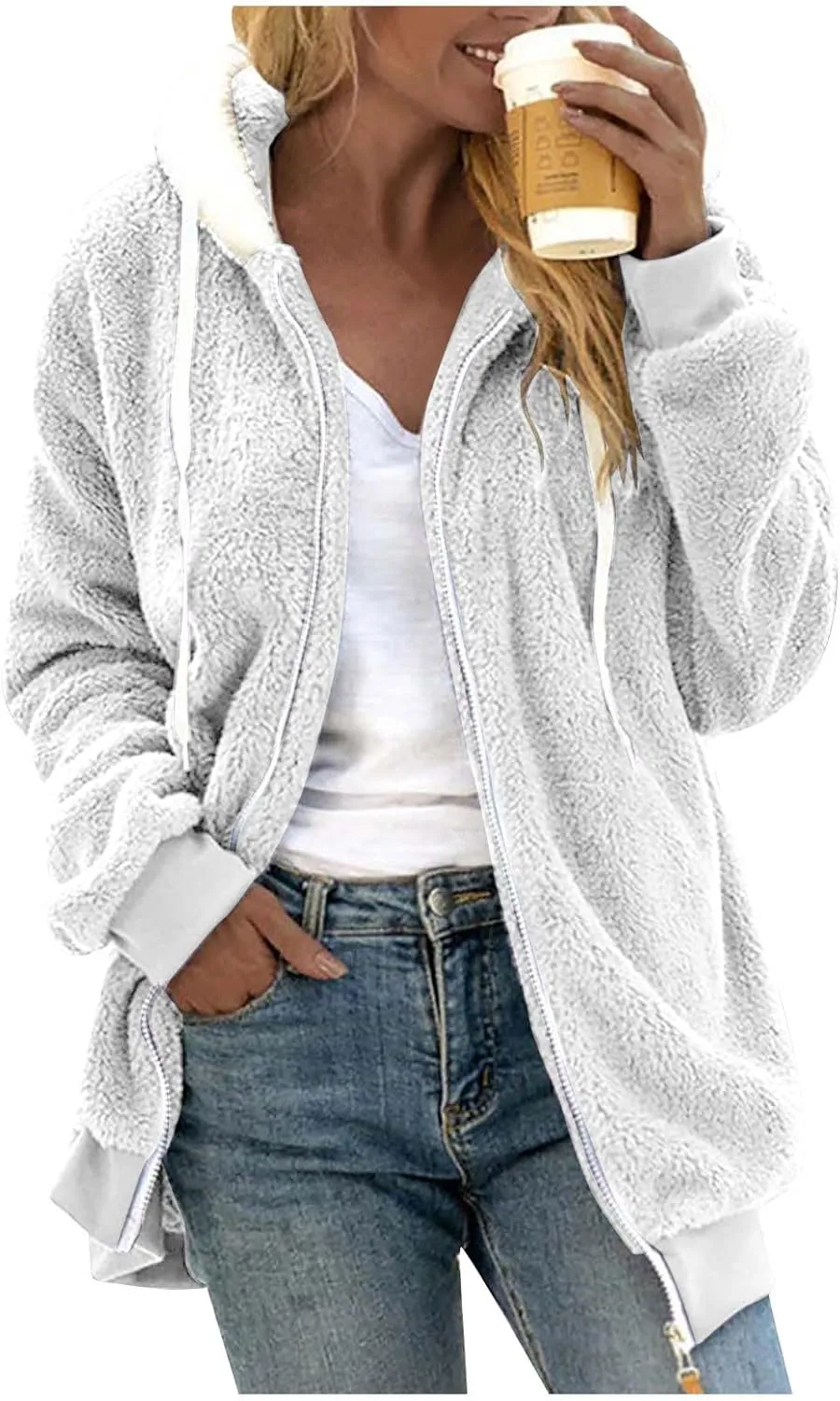 Womens Sherpa Jacket Fuzzy Plus Size Zip Up Hoodie Soft Comfy Fleece Lined Winter Coat with Pockets Warm Outerwear