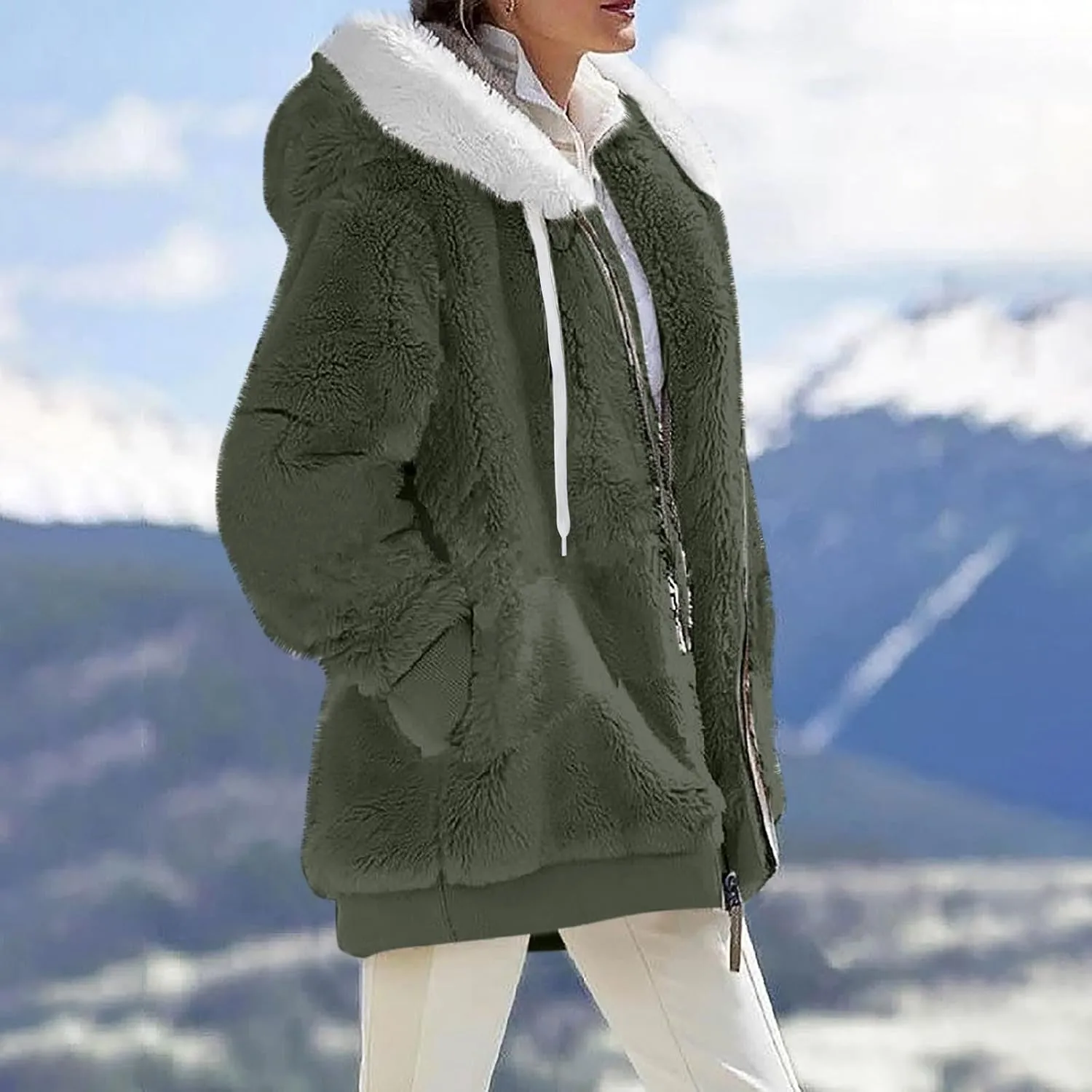 Womens Sherpa Jacket Fuzzy Plus Size Zip Up Hoodie Soft Comfy Fleece Lined Winter Coat with Pockets Warm Outerwear
