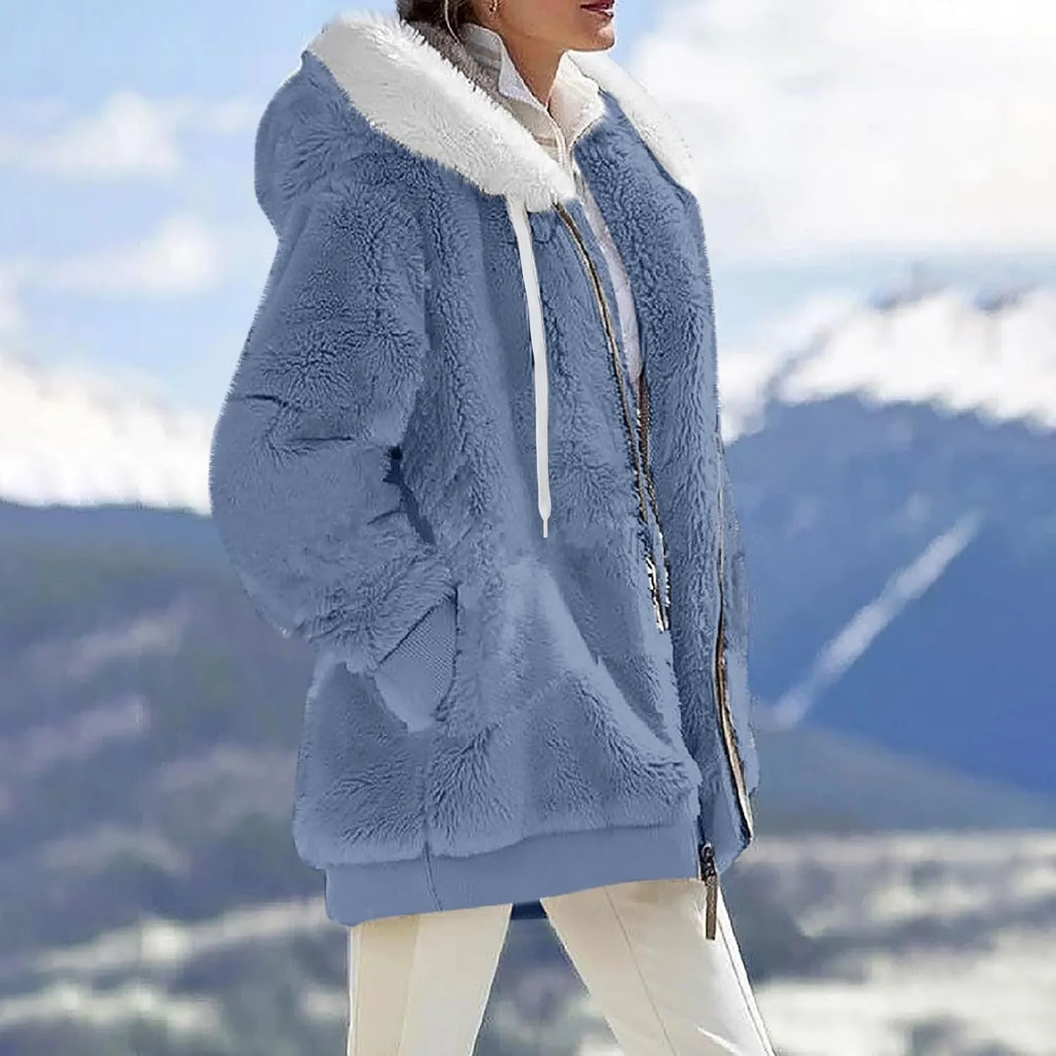 Womens Sherpa Jacket Fuzzy Plus Size Zip Up Hoodie Soft Comfy Fleece Lined Winter Coat with Pockets Warm Outerwear