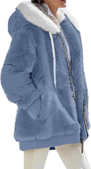 Womens Sherpa Jacket Fuzzy Plus Size Zip Up Hoodie Soft Comfy Fleece Lined Winter Coat with Pockets Warm Outerwear