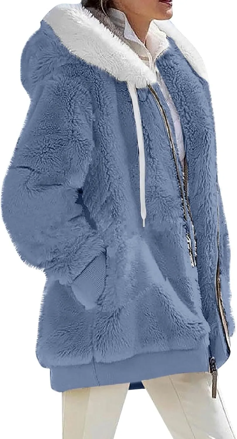 Womens Sherpa Jacket Fuzzy Plus Size Zip Up Hoodie Soft Comfy Fleece Lined Winter Coat with Pockets Warm Outerwear
