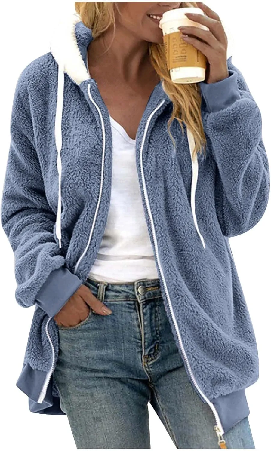 Womens Sherpa Jacket Fuzzy Plus Size Zip Up Hoodie Soft Comfy Fleece Lined Winter Coat with Pockets Warm Outerwear