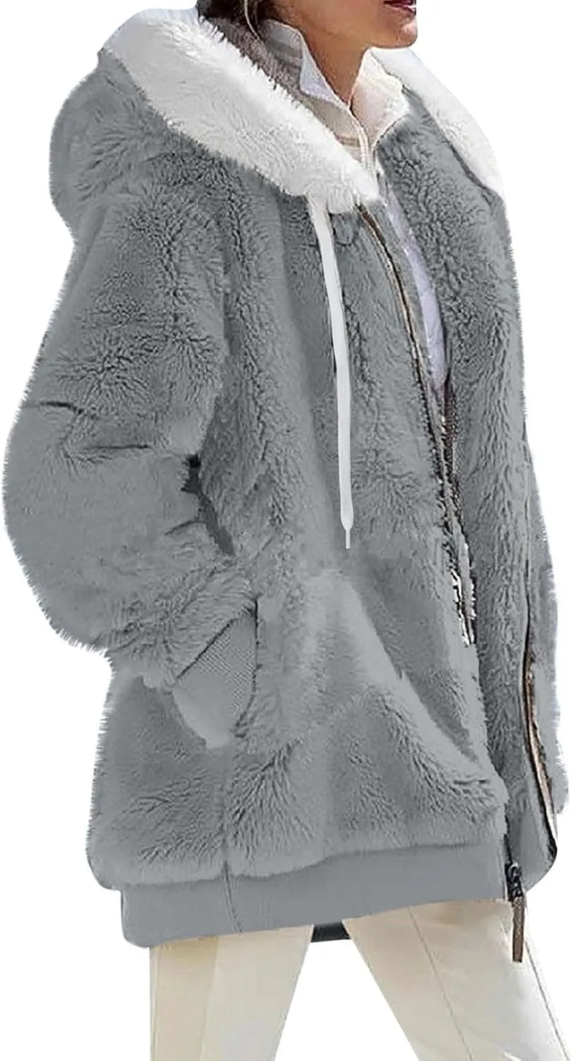 Womens Sherpa Jacket Fuzzy Zip Up Hoodie Oversized Fleece Jackets Fluffy Coat with Pockets