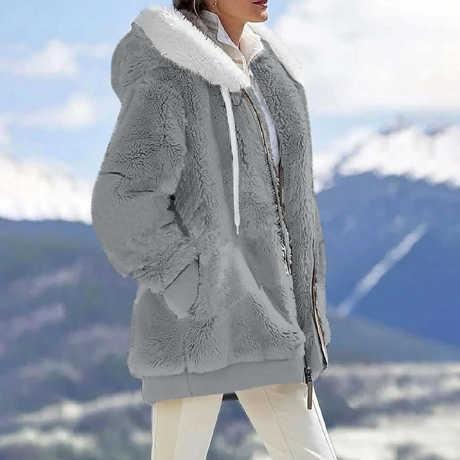 Womens Sherpa Jacket Fuzzy Zip Up Hoodie Oversized Fleece Jackets Fluffy Coat with Pockets