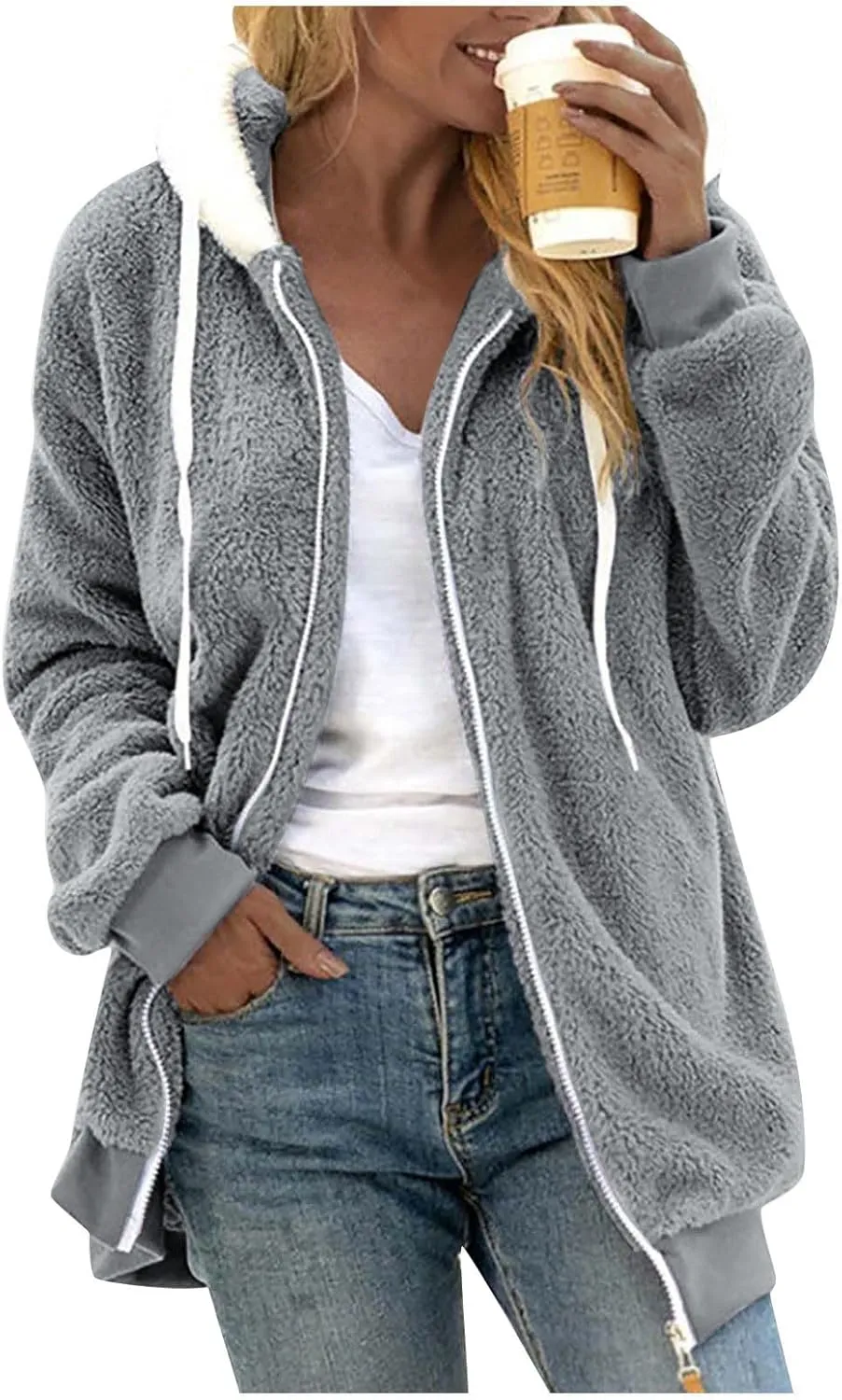 Womens Sherpa Jacket Fuzzy Zip Up Hoodie Oversized Fleece Jackets Fluffy Coat with Pockets