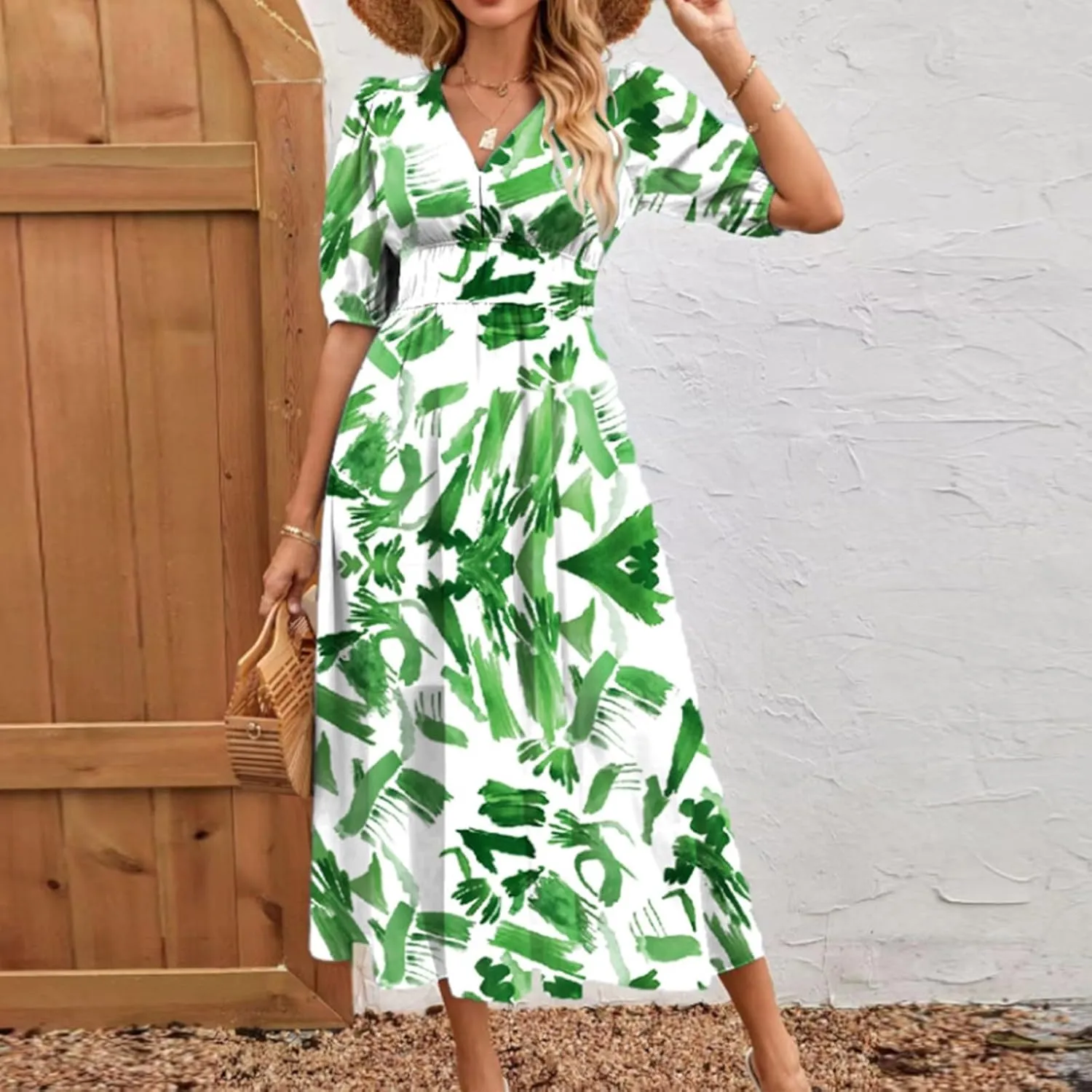 Womens Summer Dresses Floral Short Sleeve Smocked Maxi Dress Boho Plus Size A Line Flowy Beach Long Sundress