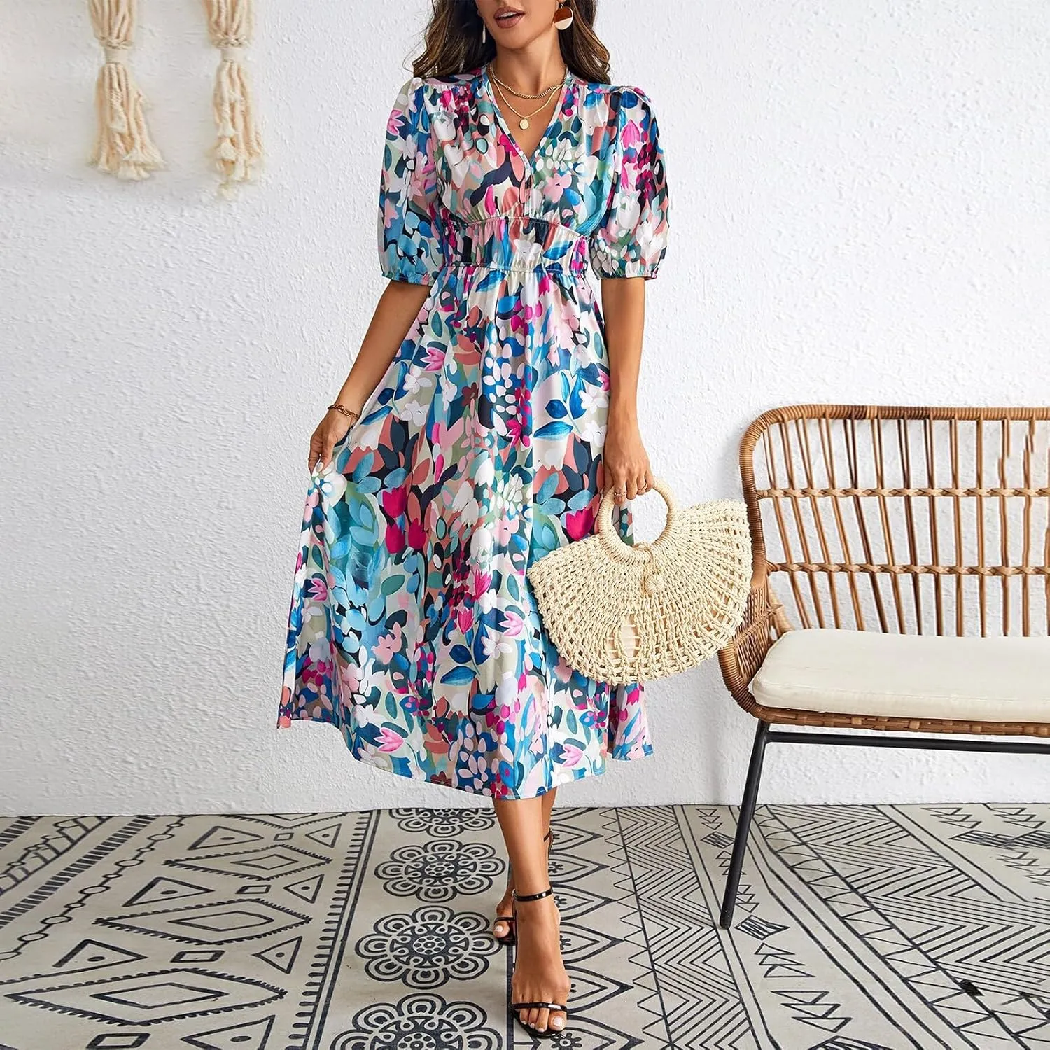 Womens Summer Dresses Floral Short Sleeve Smocked Maxi Dress Boho Plus Size A Line Flowy Beach Long Sundress