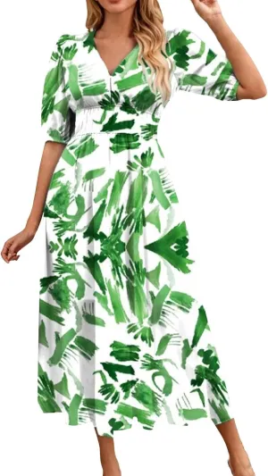 Womens Summer Dresses Floral Short Sleeve Smocked Maxi Dress Boho Plus Size A Line Flowy Beach Long Sundress
