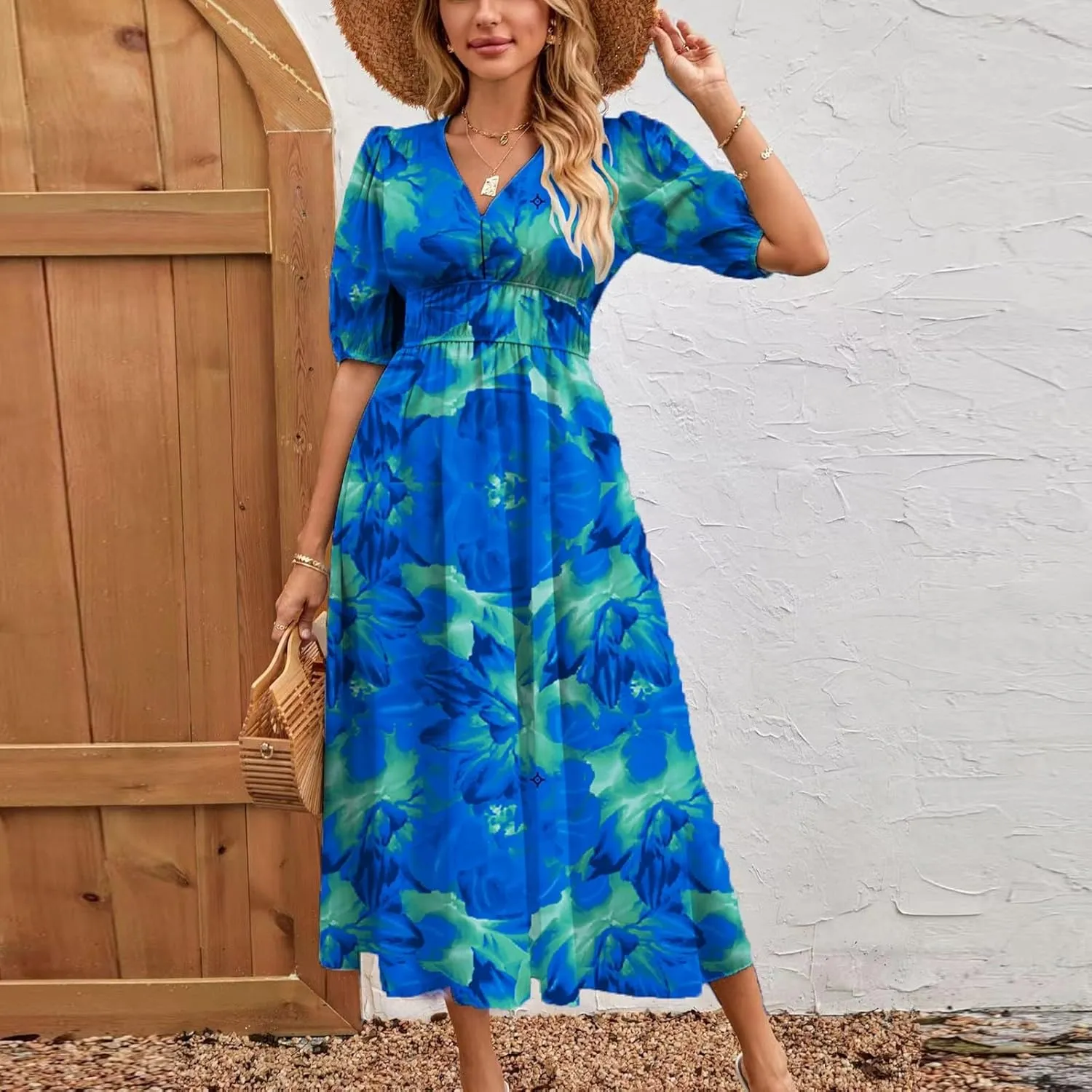 Womens Summer Dresses Floral Short Sleeve Smocked Maxi Dress Boho Plus Size A Line Flowy Beach Long Sundress