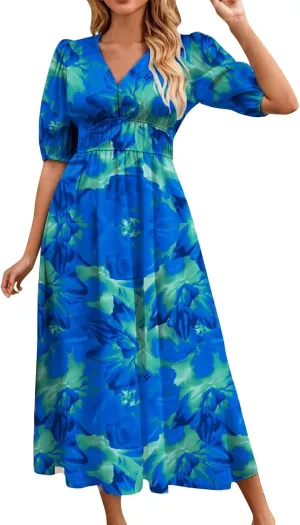 Womens Summer Dresses Floral Short Sleeve Smocked Maxi Dress Boho Plus Size A Line Flowy Beach Long Sundress