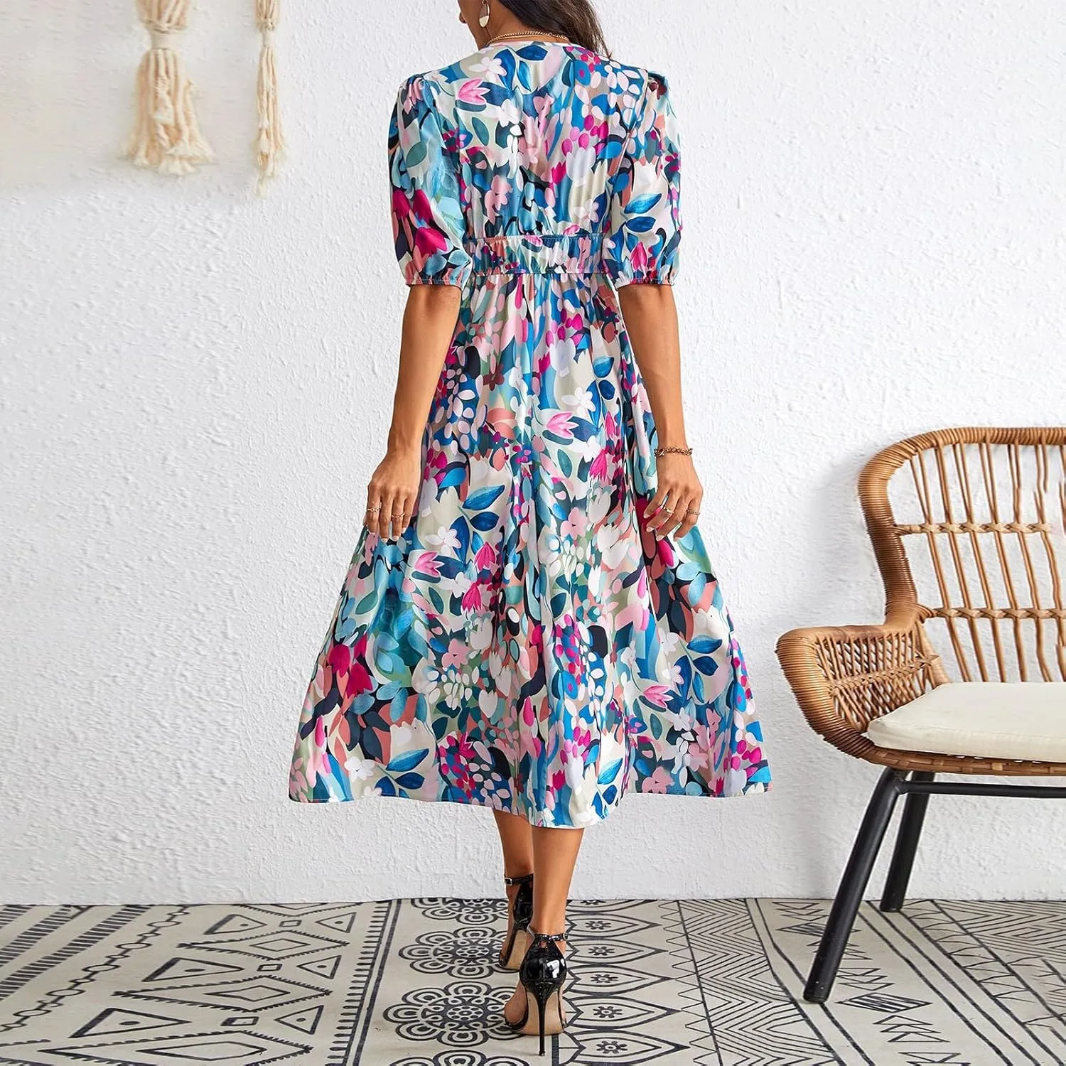 Womens Summer Dresses Floral Short Sleeve Smocked Maxi Dress Boho Plus Size A Line Flowy Beach Long Sundress