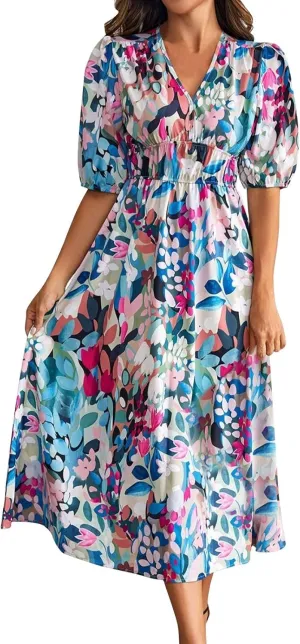 Womens Summer Dresses Floral Short Sleeve Smocked Maxi Dress Boho Plus Size A Line Flowy Beach Long Sundress