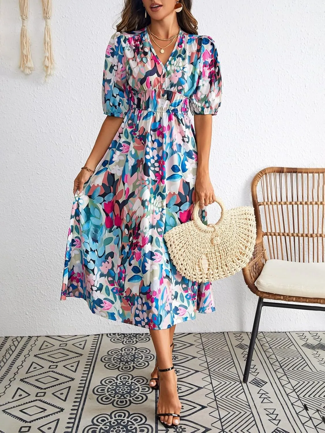 Womens Summer Dresses Floral Short Sleeve Smocked Maxi Dress Boho Plus Size A Line Flowy Beach Long Sundress