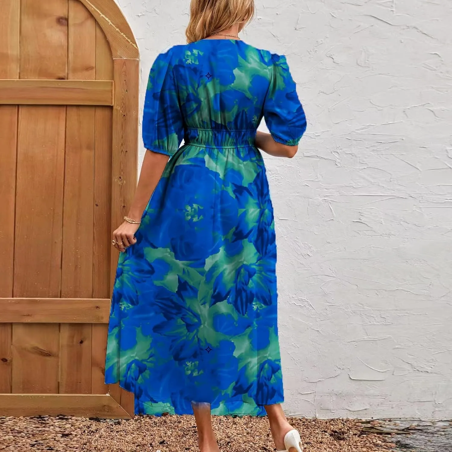 Womens Summer Dresses Floral Short Sleeve Smocked Maxi Dress Boho Plus Size A Line Flowy Beach Long Sundress
