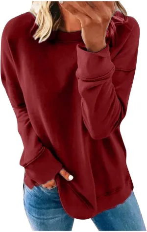 Womens Try Before You Buy Clothing,Top Women Loose Woman's Casual Fashion Long Sleeve Solid Color Round Collar Hoodie Lightweight Oversized (#1-Red, M)
