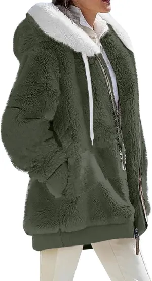 Womens Winter Coats Fleece Sherpa Jacket Full Zip Long Sleeve Casual Fuzzy Hooded Jacket Coats Warm Winter Outerwear