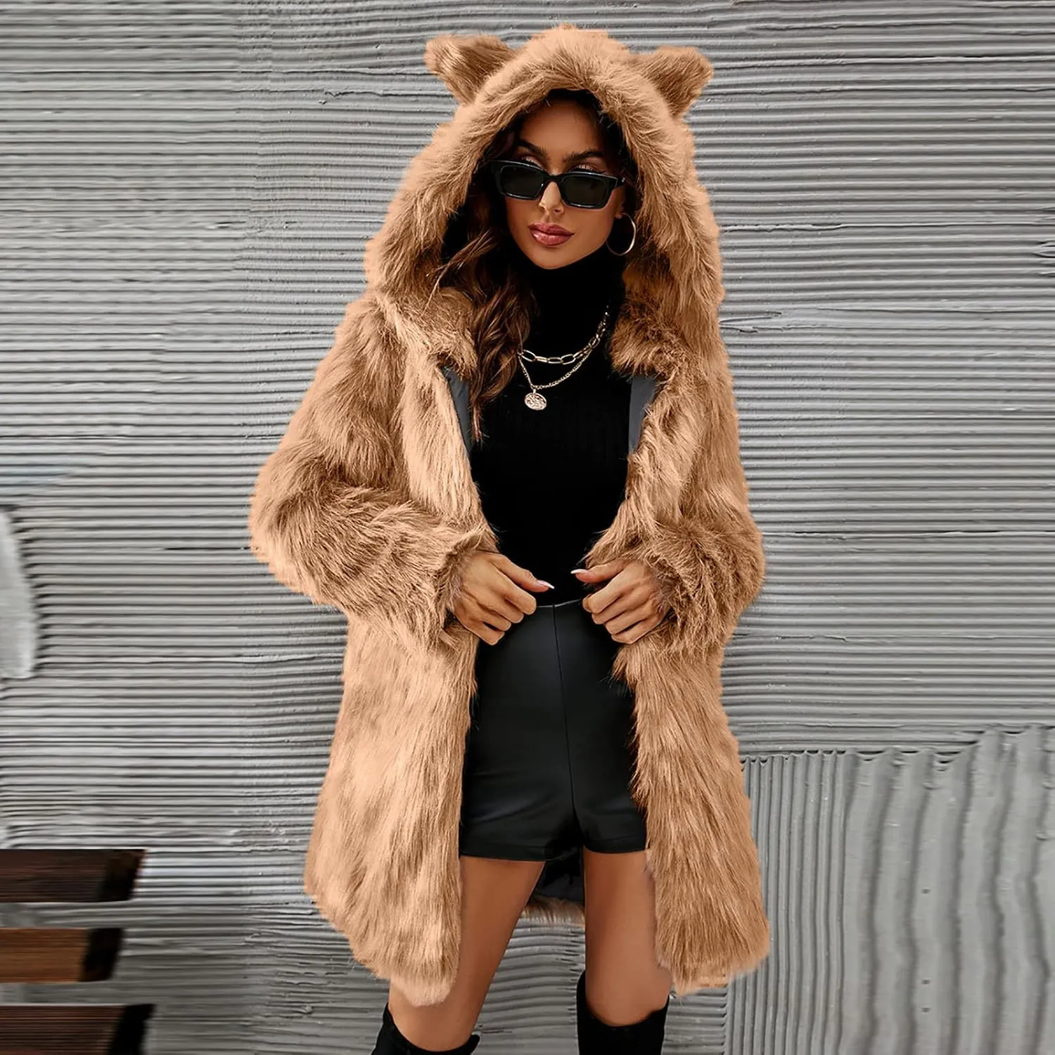 Women's Winter Warm Faux Fur Coat with Hood Long Sleeve Open Front Cardigan Elegant Solid Furry Hooded Jacket Outerwear