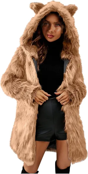 Women's Winter Warm Faux Fur Coat with Hood Long Sleeve Open Front Cardigan Elegant Solid Furry Hooded Jacket Outerwear