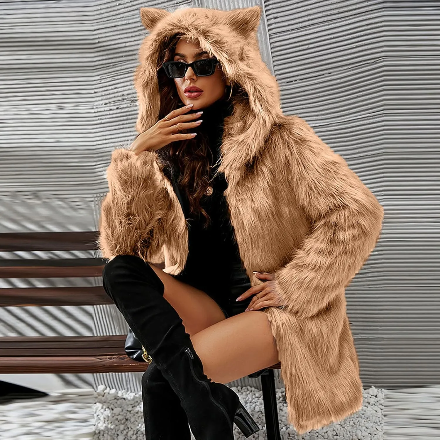 Women's Winter Warm Faux Fur Coat with Hood Long Sleeve Open Front Cardigan Elegant Solid Furry Hooded Jacket Outerwear
