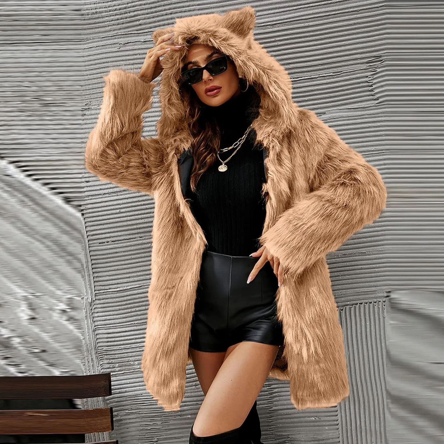 Women's Winter Warm Faux Fur Coat with Hood Long Sleeve Open Front Cardigan Elegant Solid Furry Hooded Jacket Outerwear