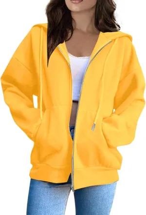 Women's Zip Up Hoodie Long Sleeve Oversized Sweatshirt Fall Lightweight Jacket Pockets Ladies Sweatshirts for Women