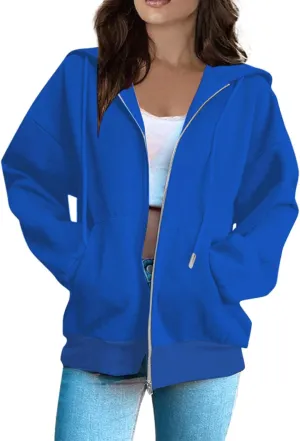 Women's Zip Up Hoodie Long Sleeve Oversized Sweatshirt Fall Lightweight Jacket Pockets Ladies Sweatshirts for Women