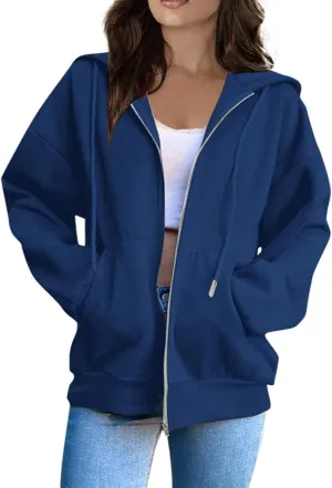 Women's Zip Up Hoodies Casual Fashion Solid Color Long Sleeve Drawstring Pullover Sweatshirt Tops With Pockets