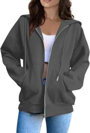Women's Zip Up Hoodies Casual Fashion Solid Color Long Sleeve Drawstring Pullover Sweatshirt Tops With Pockets