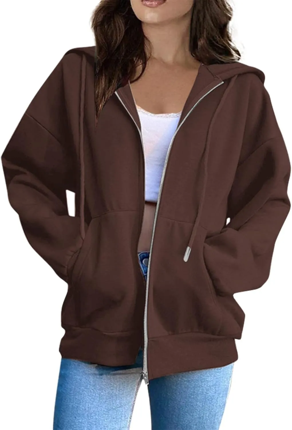Women's Zip Up Hoodies Casual Fashion Solid Color Long Sleeve Drawstring Pullover Sweatshirt Tops With Pockets