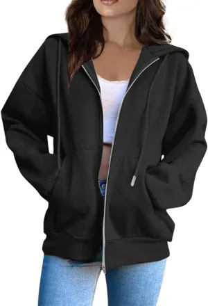 Women's Zip Up Hoodies Casual Fashion Solid Color Long Sleeve Drawstring Pullover Sweatshirt Tops With Pockets