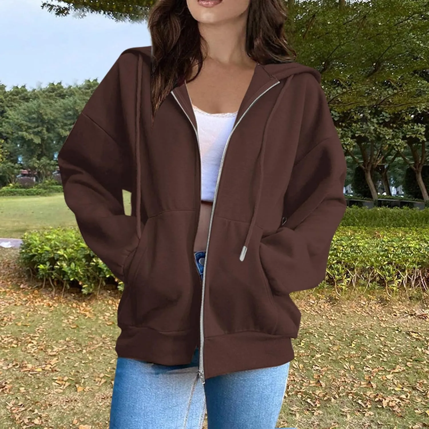 Women's Zip Up Hoodies Casual Fashion Solid Color Long Sleeve Drawstring Pullover Sweatshirt Tops With Pockets