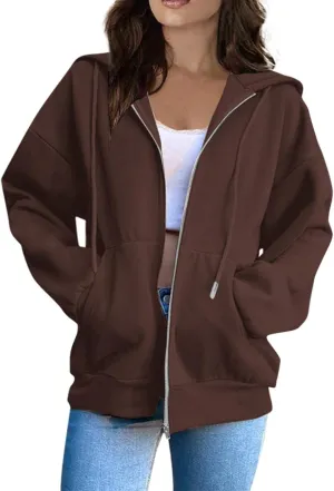 Women's Zip Up Hoodies Casual Fashion Solid Color Long Sleeve Drawstring Pullover Sweatshirt Tops With Pockets