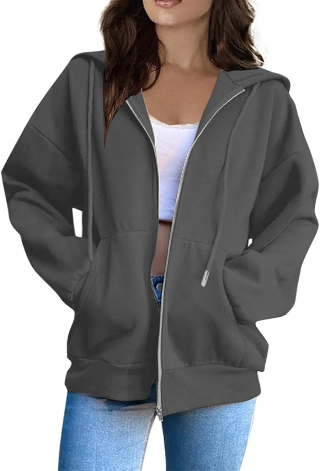 Women's Zip Up Hoodies Casual Fashion Solid Color Long Sleeve Drawstring Pullover Sweatshirt Tops With Pockets