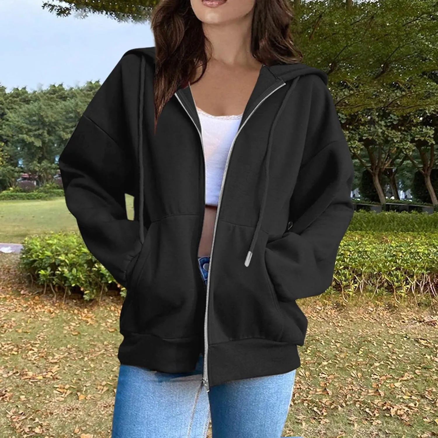 Women's Zip Up Hoodies Casual Fashion Solid Color Long Sleeve Drawstring Pullover Sweatshirt Tops With Pockets