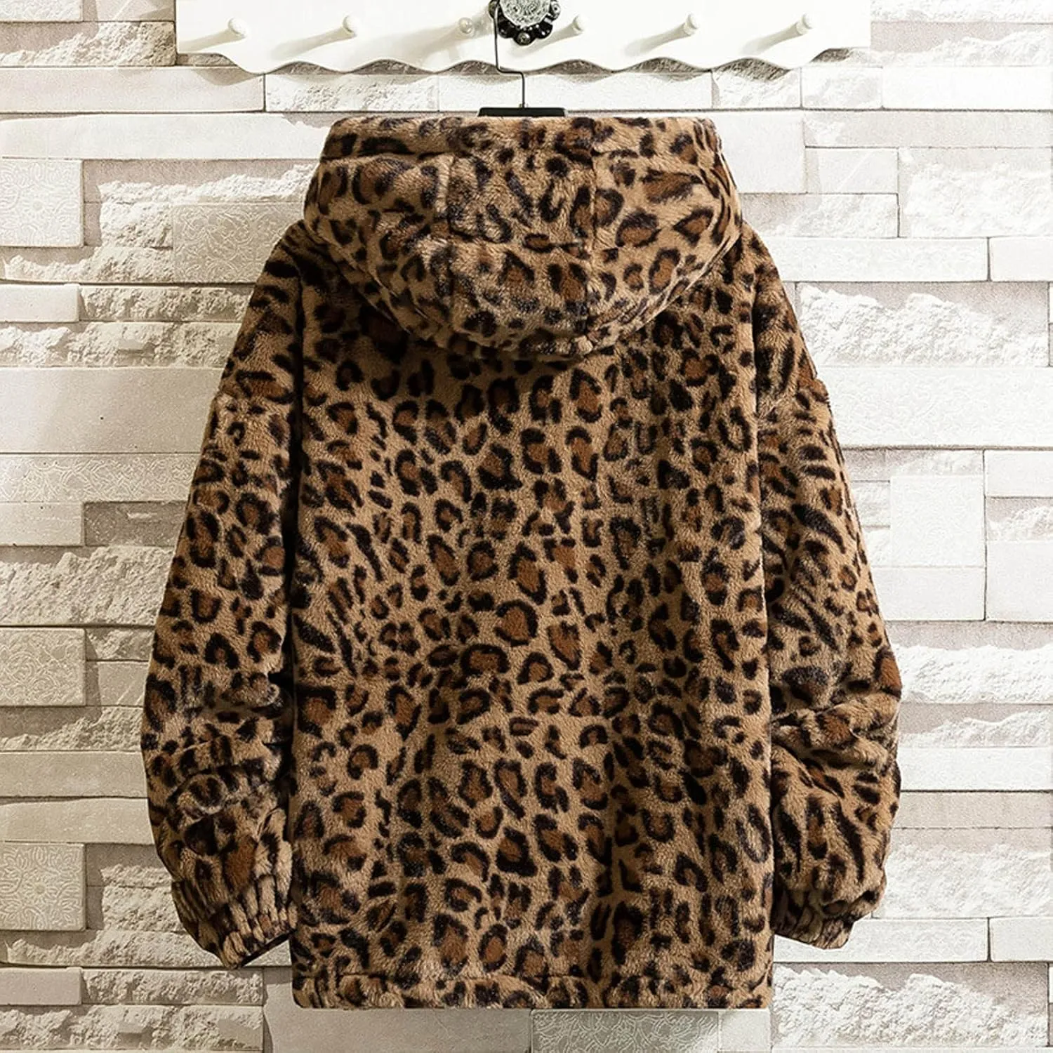 XUNRYAN Hoodies for Men Big and Tall Winter Jackets with Hood Fuzzy Full Zip Up Fleece Leopard Faux-Fur Coats Outerwear
