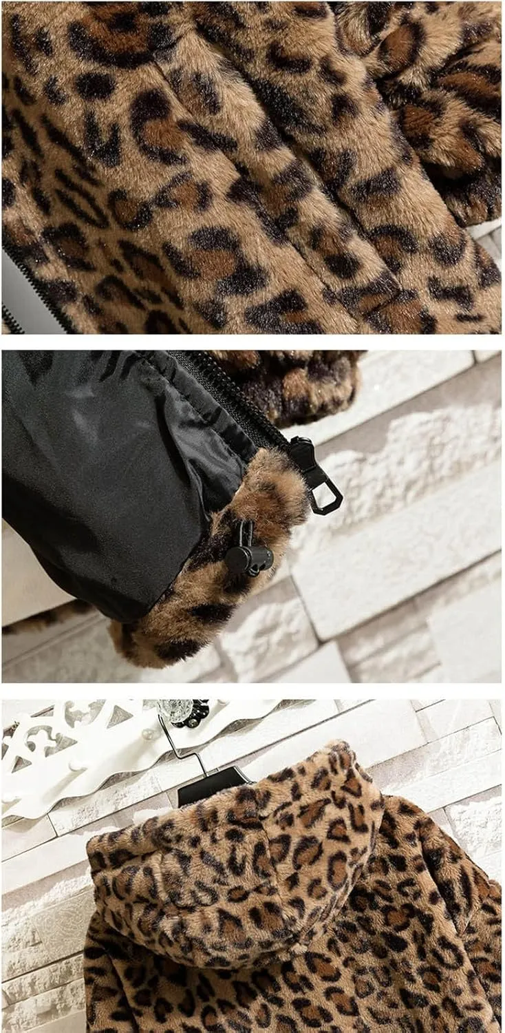 XUNRYAN Hoodies for Men Big and Tall Winter Jackets with Hood Fuzzy Full Zip Up Fleece Leopard Faux-Fur Coats Outerwear