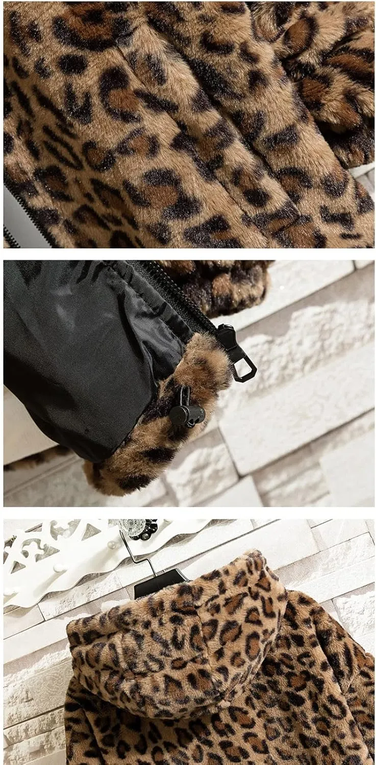 XUNRYAN Hoodies for Men Big and Tall Winter Jackets with Hood Fuzzy Full Zip Up Fleece Leopard Faux-Fur Coats Outerwear