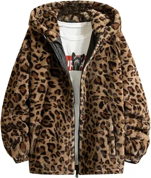 XUNRYAN Hoodies for Men Big and Tall Winter Jackets with Hood Fuzzy Full Zip Up Fleece Leopard Faux-Fur Coats Outerwear