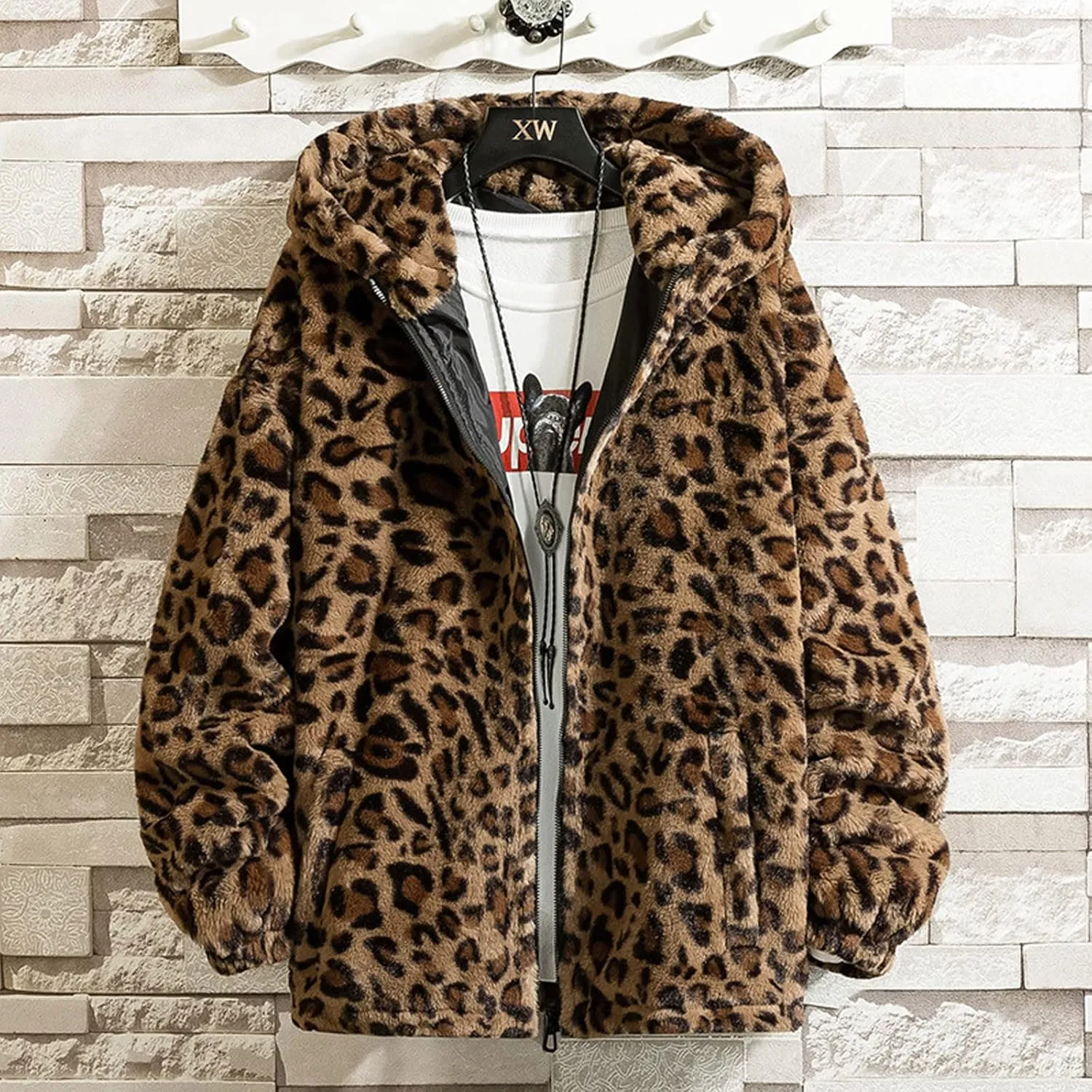XUNRYAN Hoodies for Men Big and Tall Winter Jackets with Hood Fuzzy Full Zip Up Fleece Leopard Faux-Fur Coats Outerwear