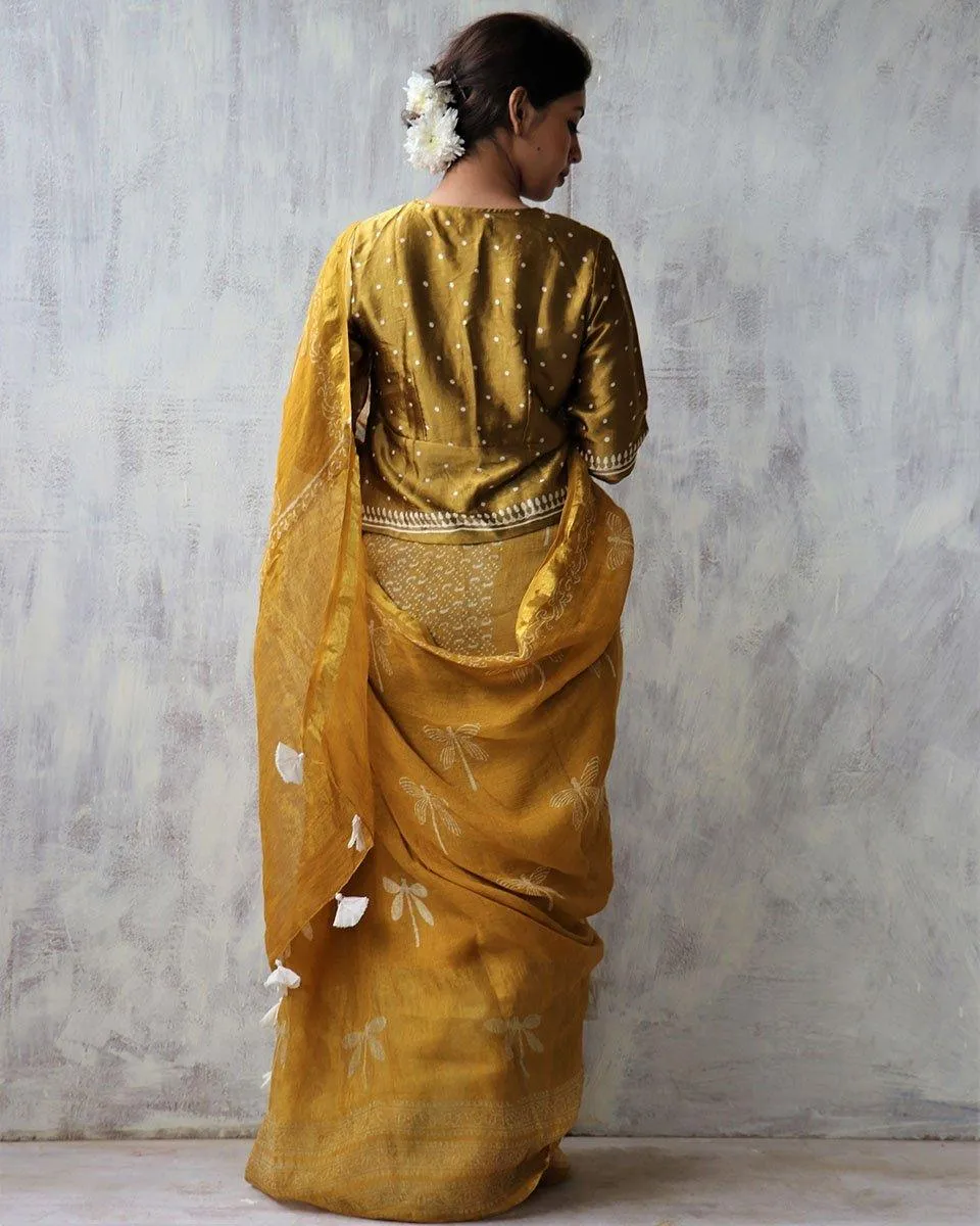 Yellow Blockprinted Handwoven Linen Zari Saree - Anant