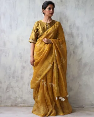 Yellow Blockprinted Handwoven Linen Zari Saree - Anant