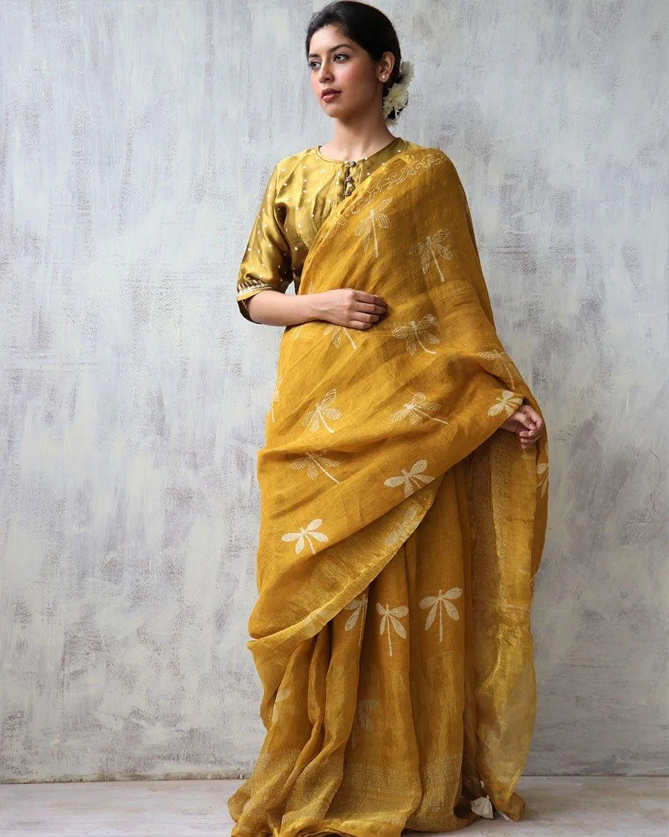 Yellow Blockprinted Handwoven Linen Zari Saree - Anant