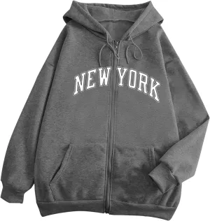 Zip Up Hoodies for Teen Girls New York Sweatshirts with Hood 2024 Fall Outfits Full Zipper Pullover Long Sleeve